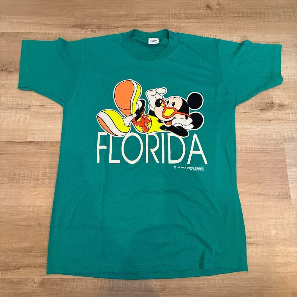 Vintage 80s Mickey Mouse Florida T-Shirt Velva Sheen Teal Single Stitch USA L